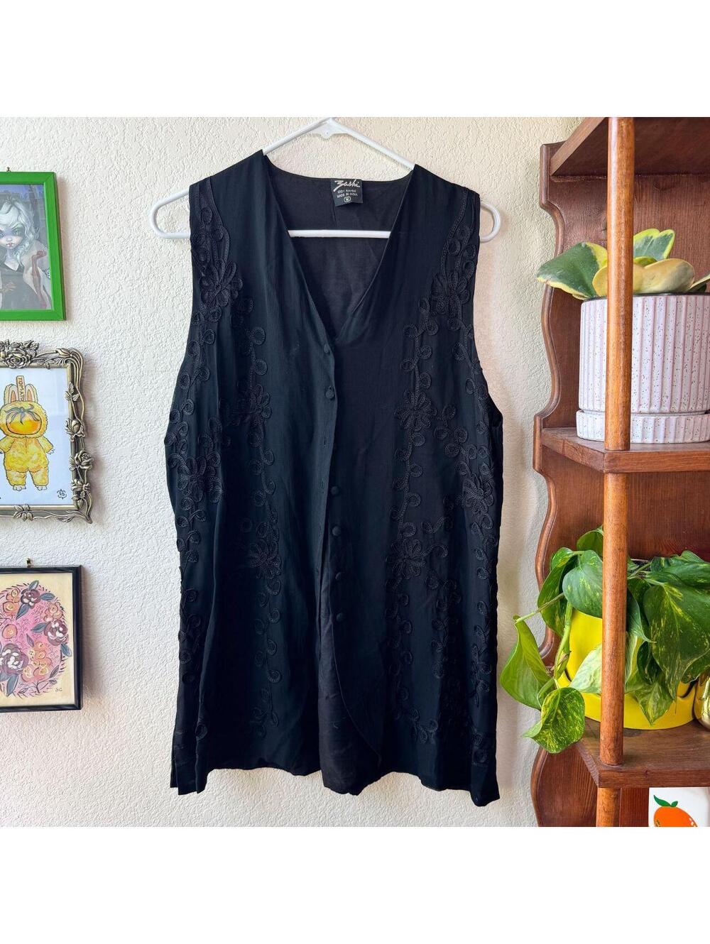 Vintage Women's Black Long Goth Grunge Whimsygoth Blouse Duster Vest